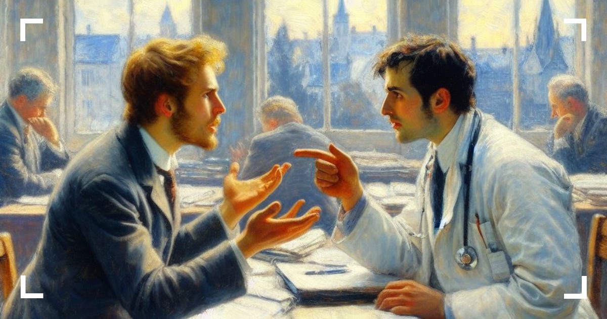 Kuvassa pukumies jonka pöydällä on nippuja papereita on väittelyssä lääkärin kanssa.