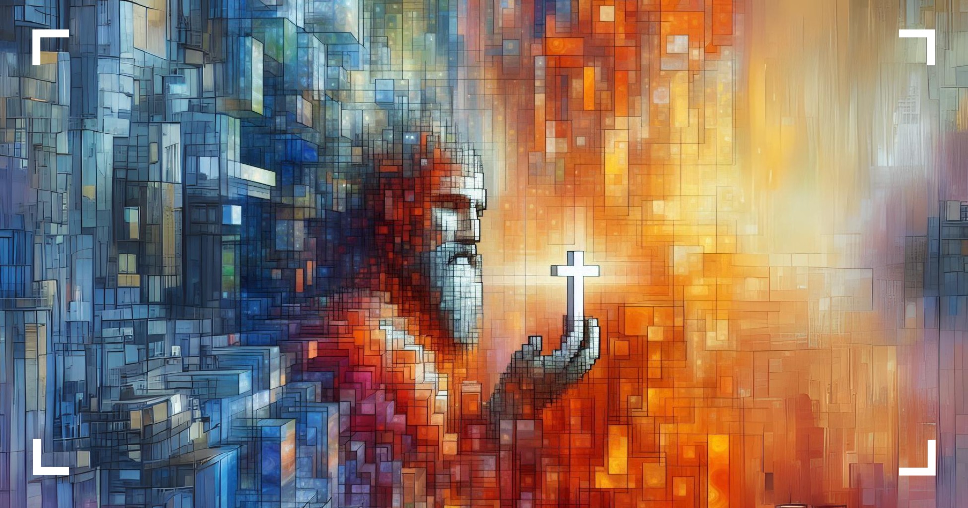 Kansikuva, digitaalinen taidepläjäys. Kubistinen, vasemmalla sinisiä lootikoita joista muodostuu vanha mies jonka kädestä muodostuu risti.