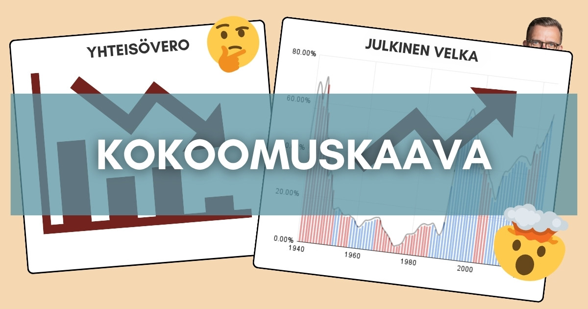 Kokoomuskaava, graafeja miten yhteisövero menee alas, ja valtionvelka menee ylös. Petteri Orpo piileksii ja kurkkii valtiovelka-graafin takana.