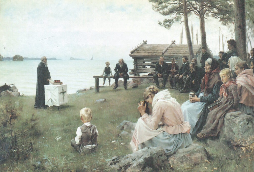 Albert Edelfeltin maalaus "Jumalanpalvelus Uudenmaan saaristossa" vuodelta 1881. Kuvassa maaseudulla n. 20 ihmistä kokoontunut ulkoilmajumalanpalvelukseen.
