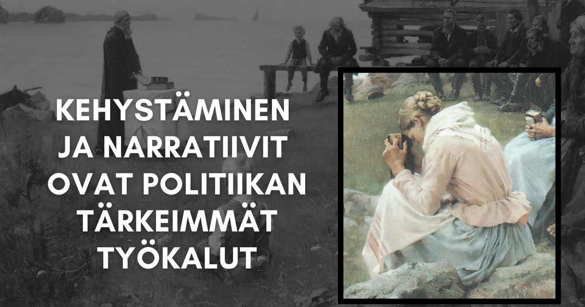 Kehystäminen ja narratiivit ovat politiikan tärkeimmät työkalut -teksti, taustalla maalaus josta kehystetty yksityiskohtana yksi nainen.