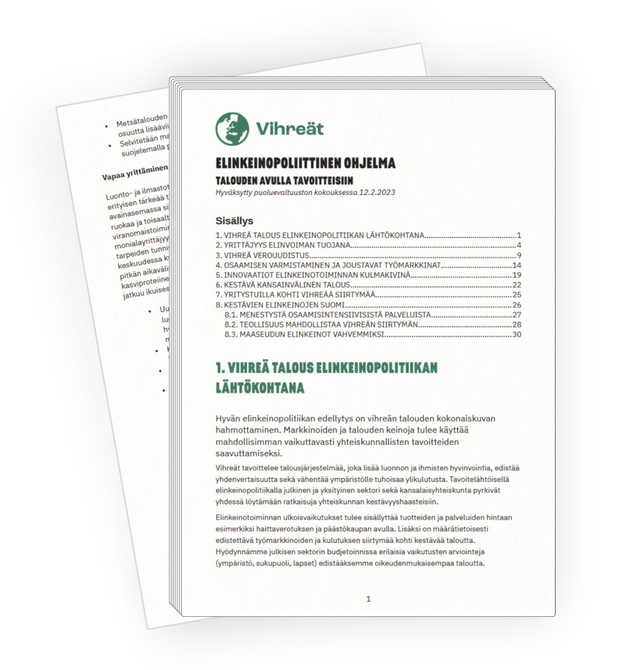 Vihreiden elinkeinopoliittinen ohjelma, 32 sivua havainnollisestu (a4-peperipino)