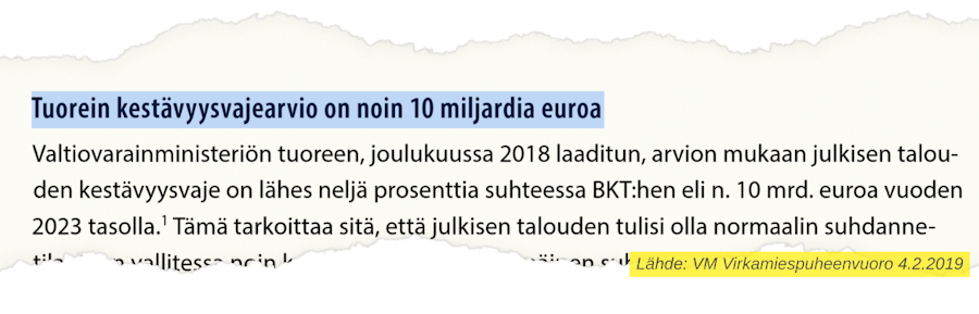 VM virkamiespuheenvuorosta 4.2.2019: "Tuorein kestävyysvajearvio on noin 10 miljardia euroa. Valtionvarainministeriön tuoreen, joulukuussa 2018 laaditun, arvion mukaan julkisen talouden kestävyysvaje on lähes neljä prosenttia suhteessa BKT:hen eli n. 10 mrd. euroa vuoden 2023 tasolla."