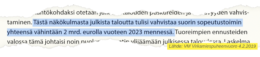 VM virkamiespuheenvuorosta 4.2.2019: "Tuorein kestävyysvajearvio on noin 10 miljardia euroa. Valtionvarainministeriön tuoreen, joulukuussa 2018 laaditun, arvion mukaan julkisen talouden kestävyysvaje on lähes neljä prosenttia suhteessa BKT:hen eli n. 10 mrd. euroa vuoden 2023 tasolla."