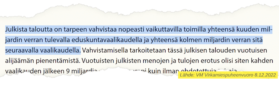 VM virkamiespuheenvuorosta 8.12.2022: "Julkista taloutta on tarpeen vahvistaa nopeasti vaikuttavilla toimilla yhteensä kuuden miljardin verran tulevalla eduskuntavaalikaudella ja yhteensä kolmen miljardin sitä seuraavalla vaalikaudella."